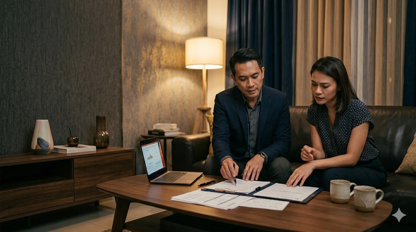 Couple going through insurance claim documents together at home
