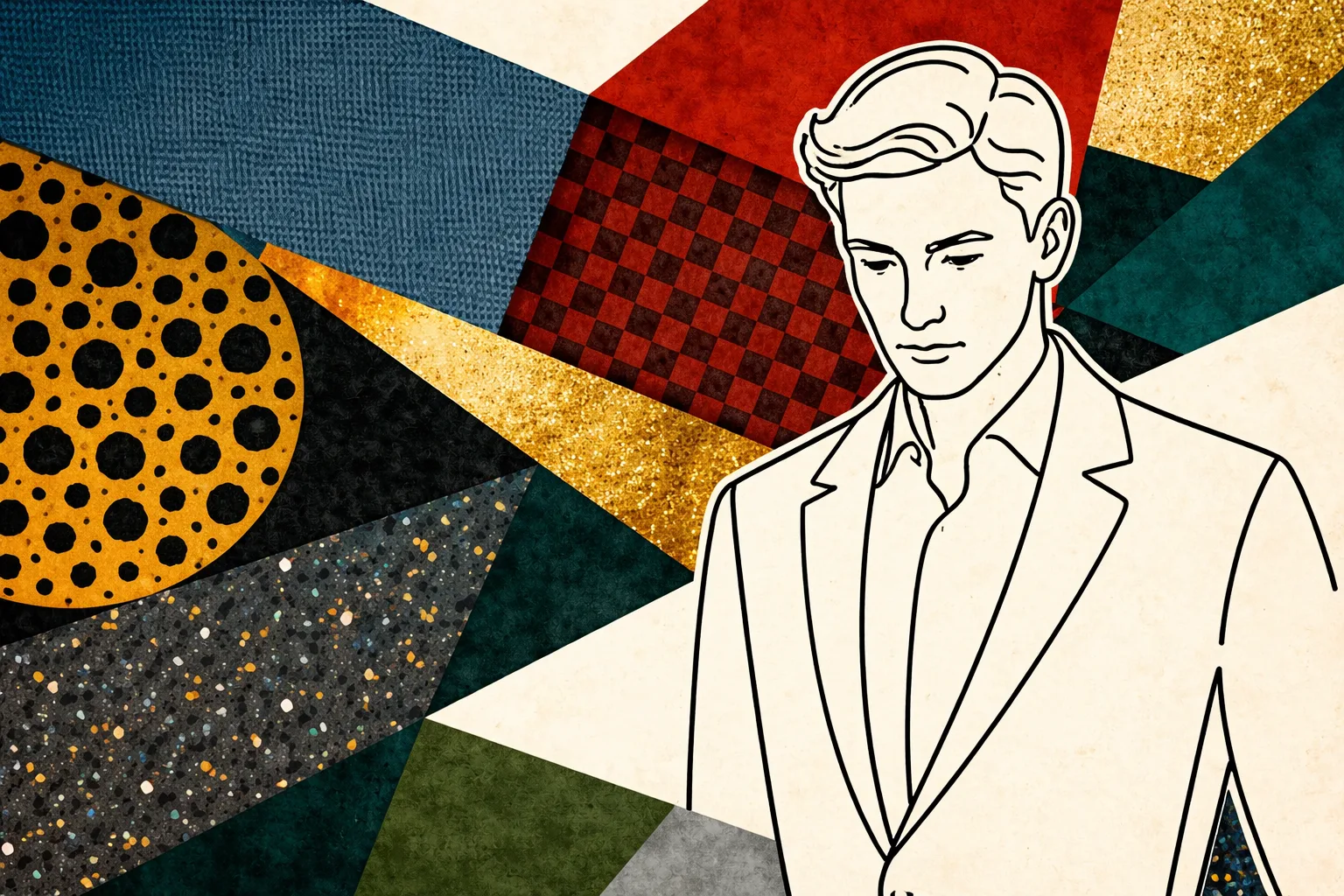 Illustration of a business owner in a suit against a bold collage, representing corporate insurance