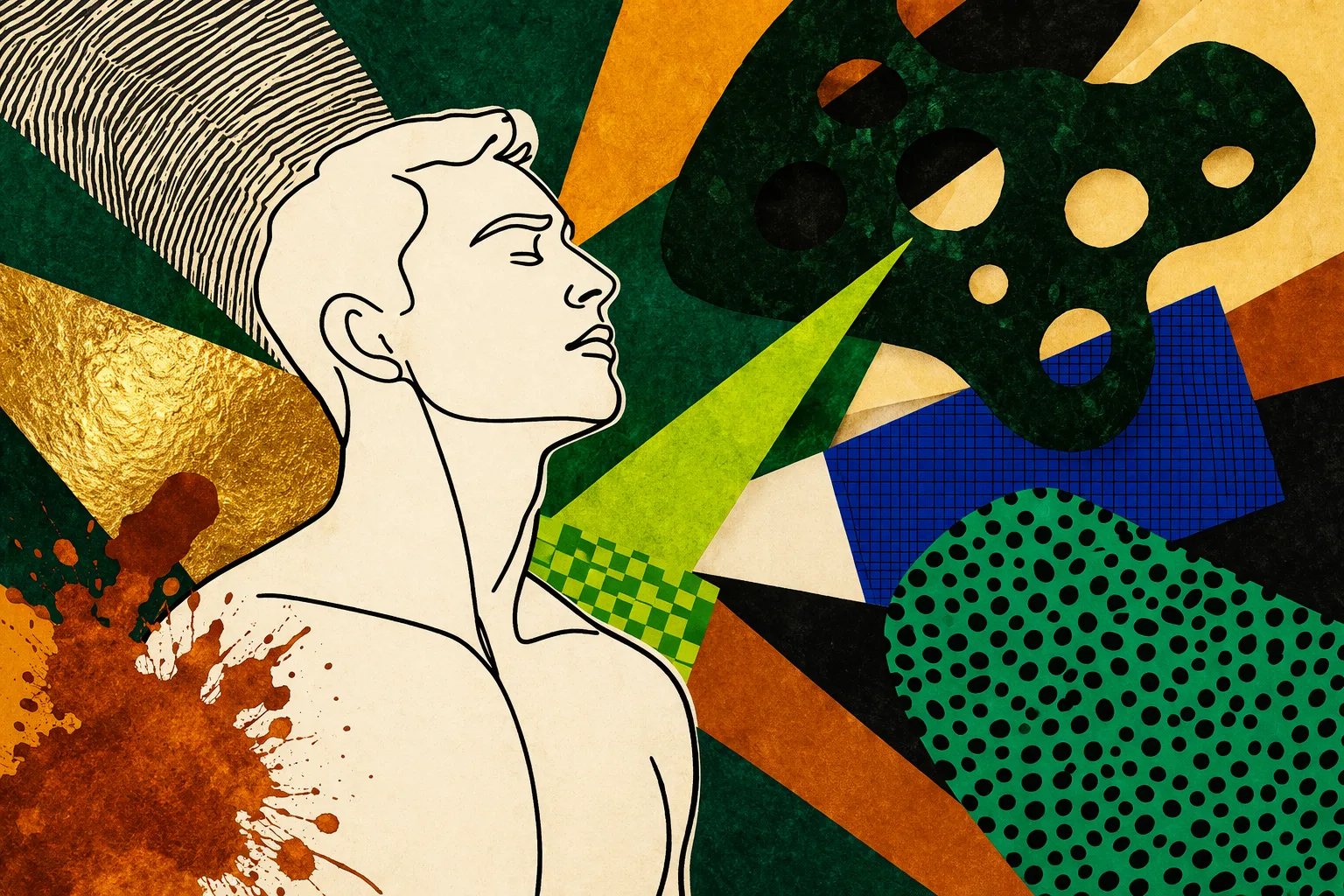 Line illustration of a man looking upwards against a bold collage, representing critical illness cover