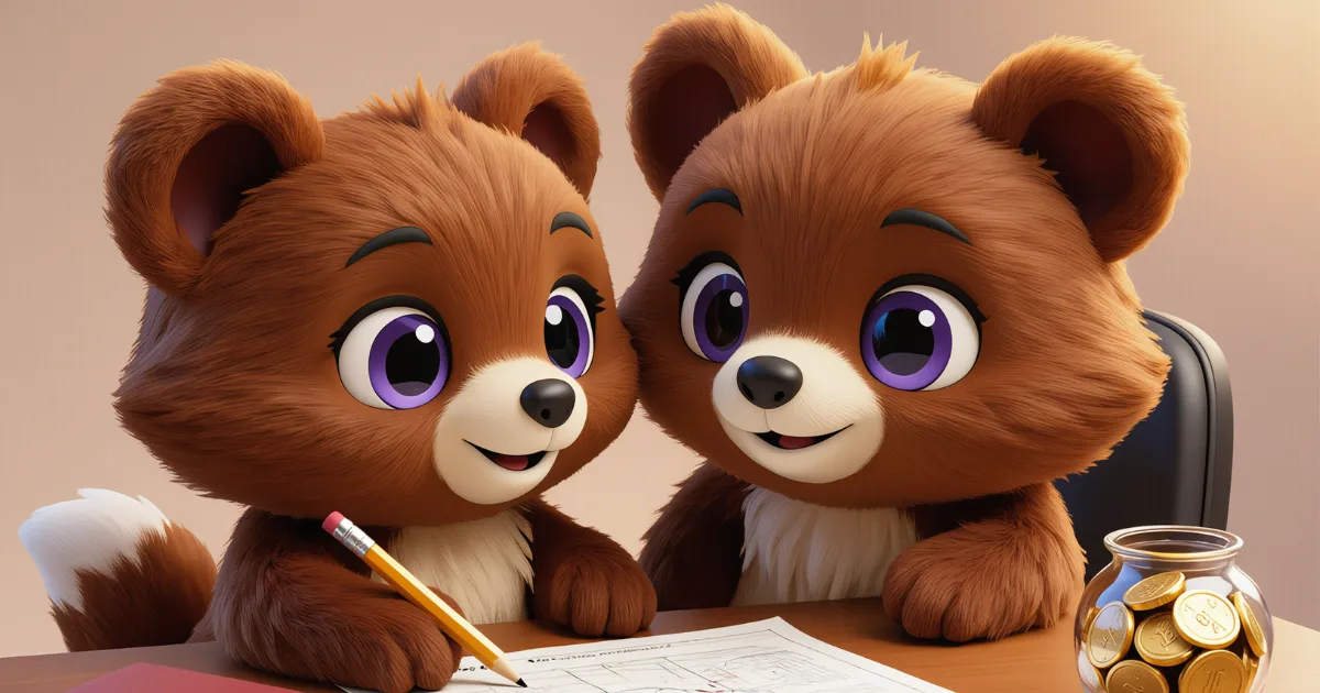 Two cartoon bears writing up a family plan beside a jar of coins