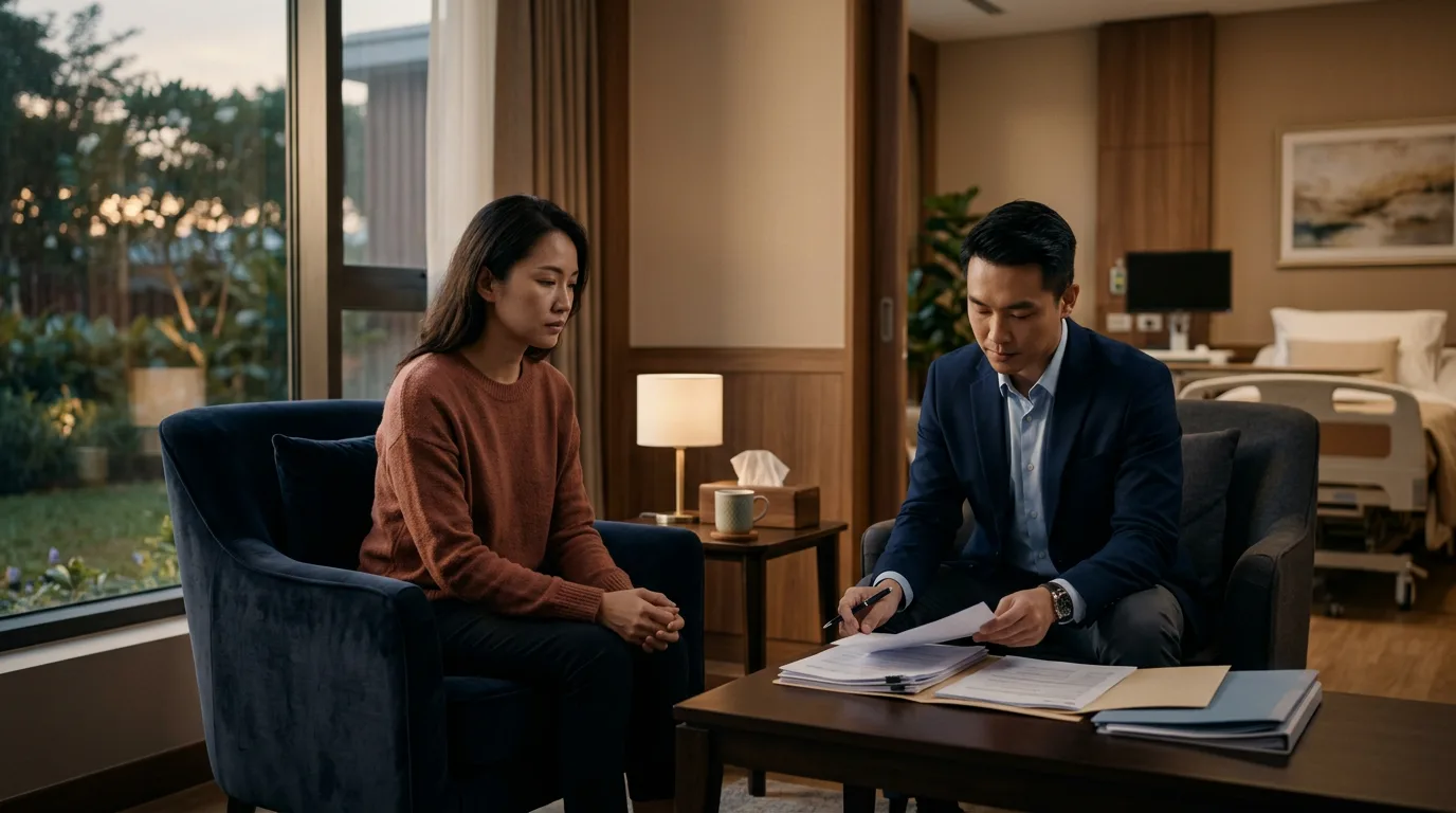 Woman and adviser reviewing critical illness claim documents in a hospital lounge