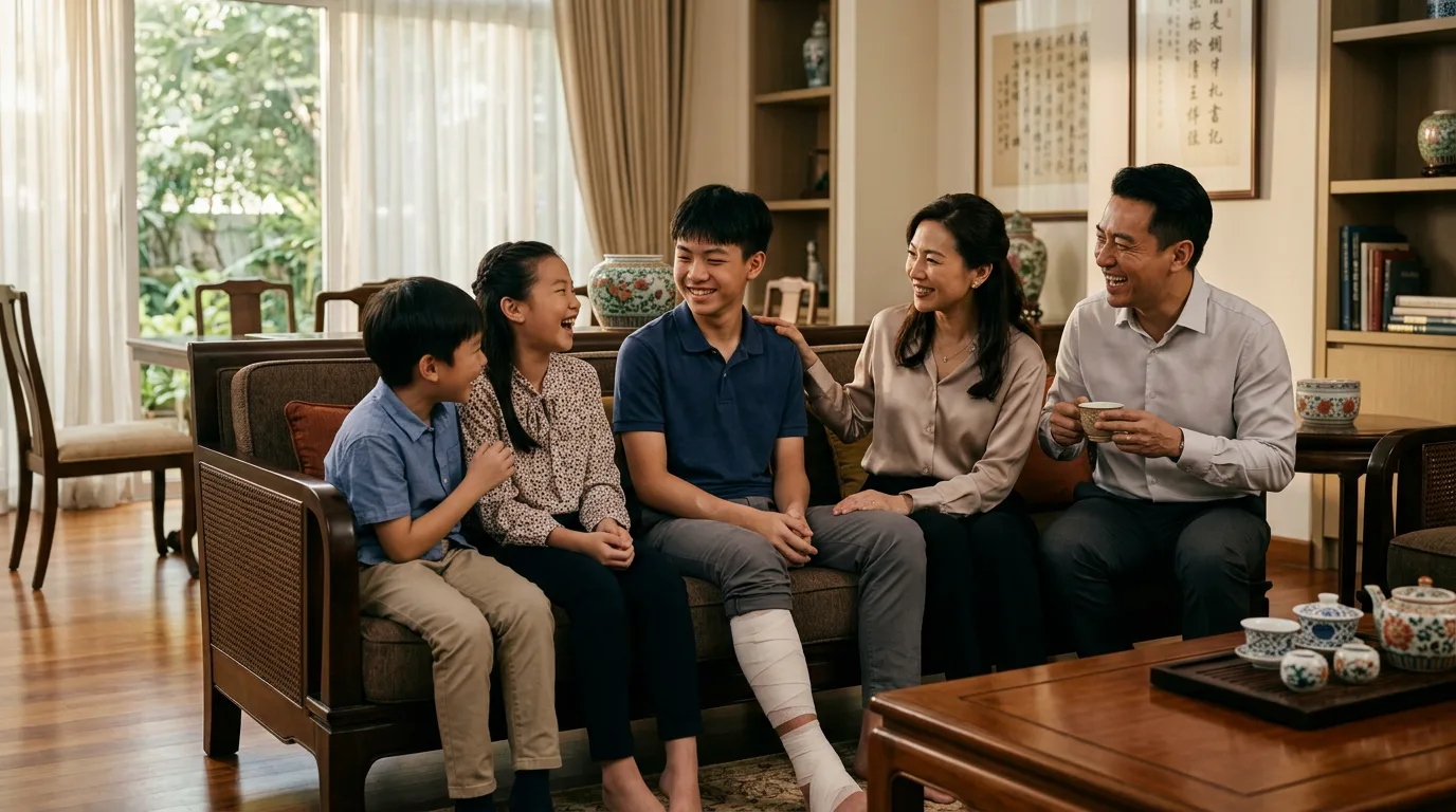 Family at home with a teenage boy recovering from a leg injury