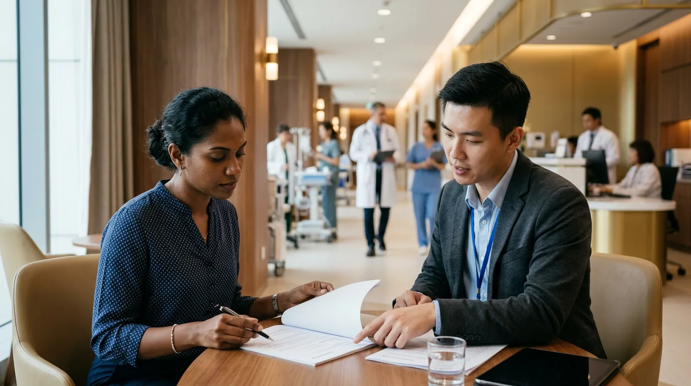 Woman reviewing hospital claim paperwork with an adviser at a private hospital