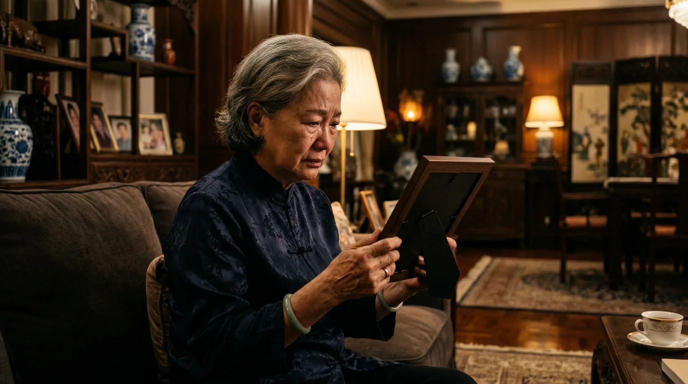 Elderly woman at home holding a framed family photograph