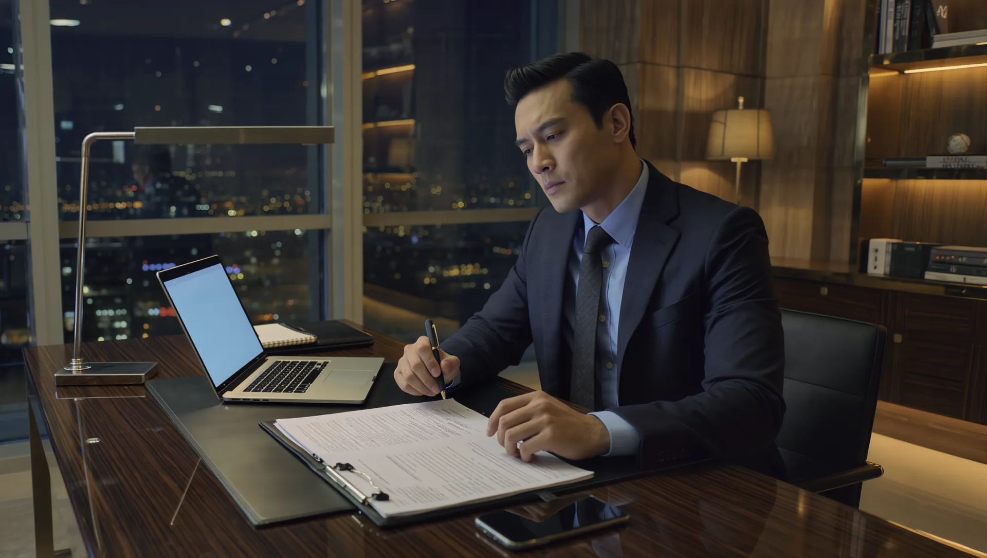 Professional reviewing insurance policy documents at a desk at night