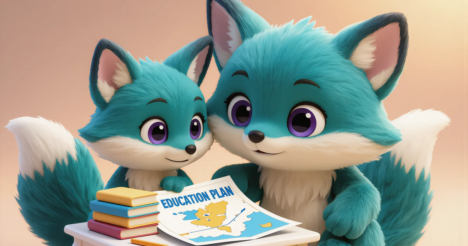 Two cartoon foxes looking over an education plan beside a stack of books