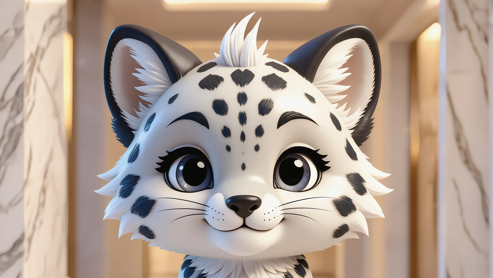 Cartoon snow leopard in a marble-lined luxury interior, representing high net worth coverage