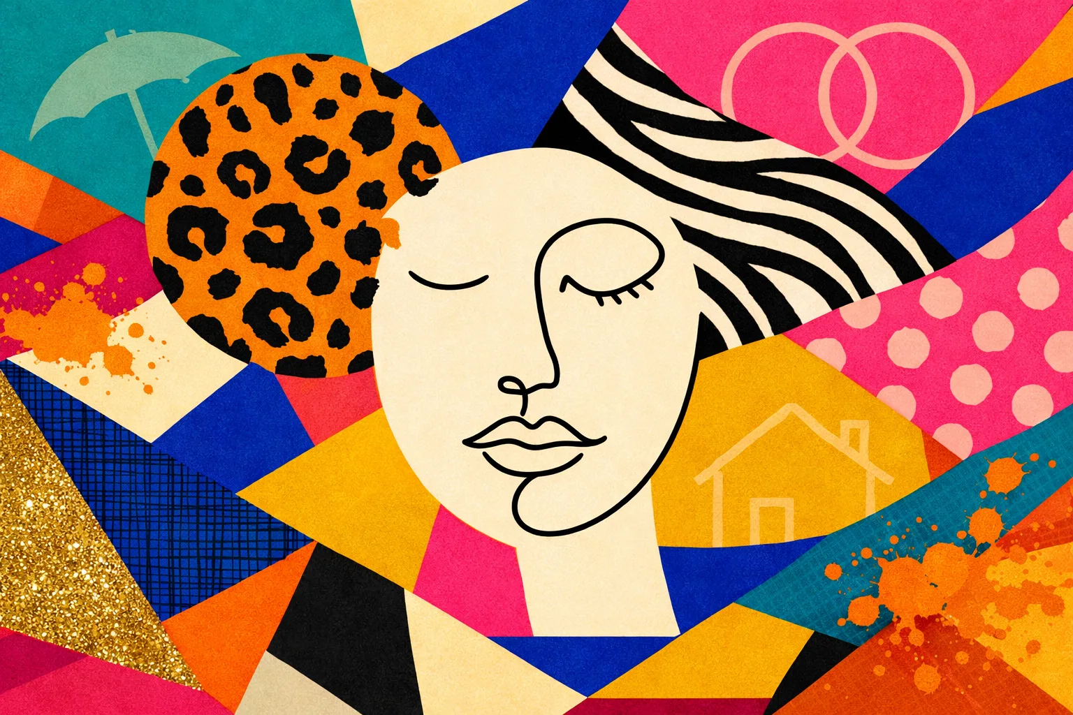 Illustration of a calm face surrounded by symbols of home, family and protection