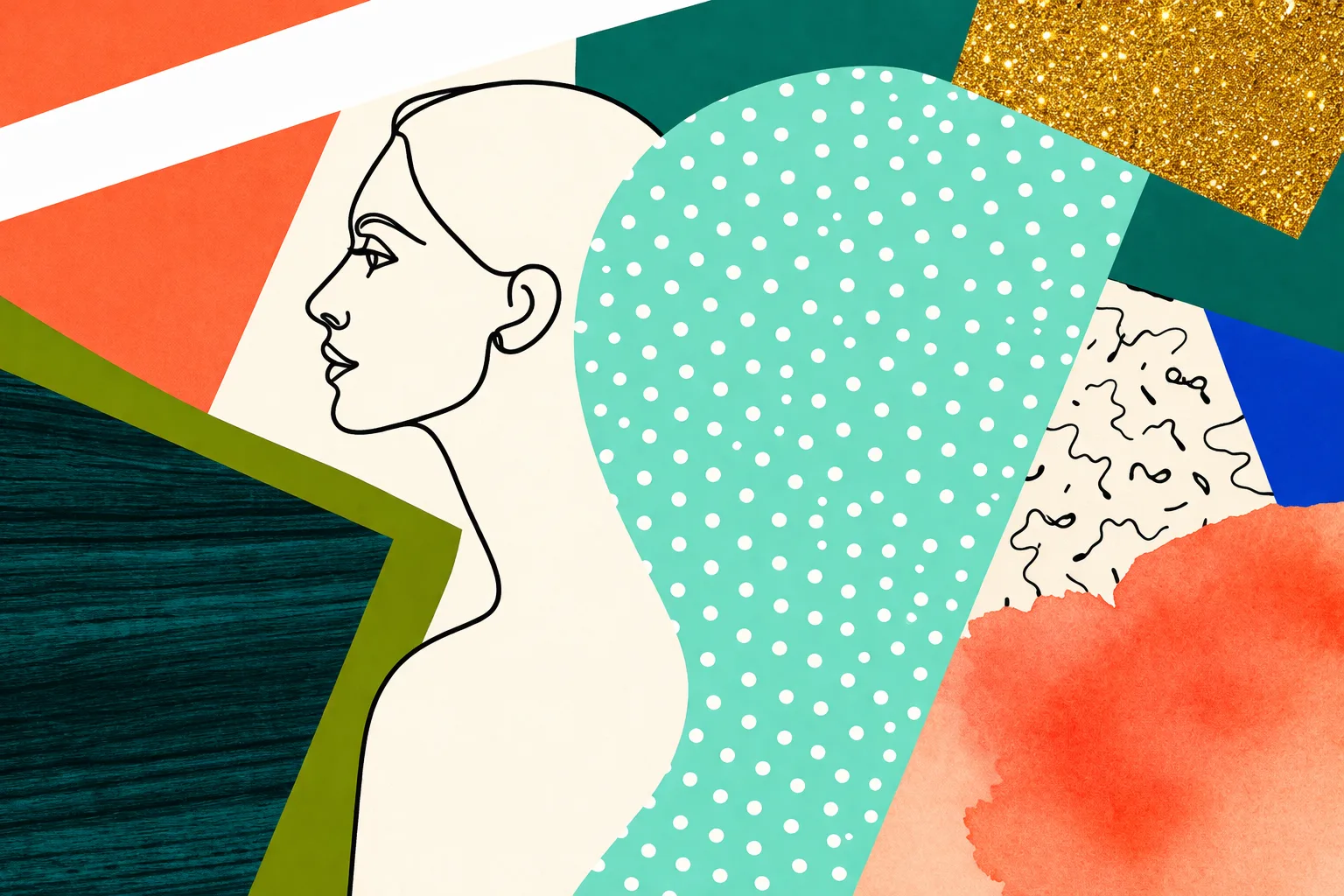 Line illustration of a woman's profile against a colourful collage, representing medical card cover