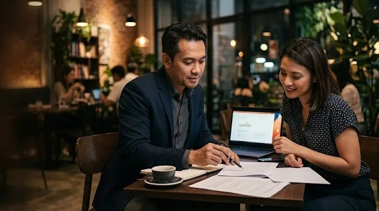 Adviser and client going through a policy review over coffee