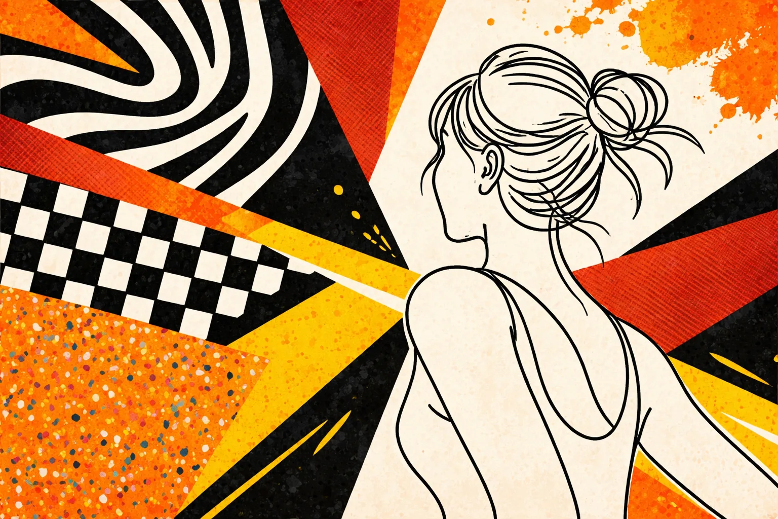 Line illustration of a woman in motion against a bold collage, representing personal accident cover