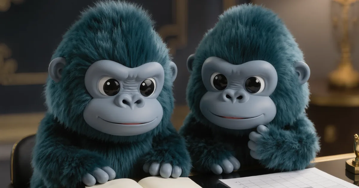 Two cartoon gorillas studying an investment plan together